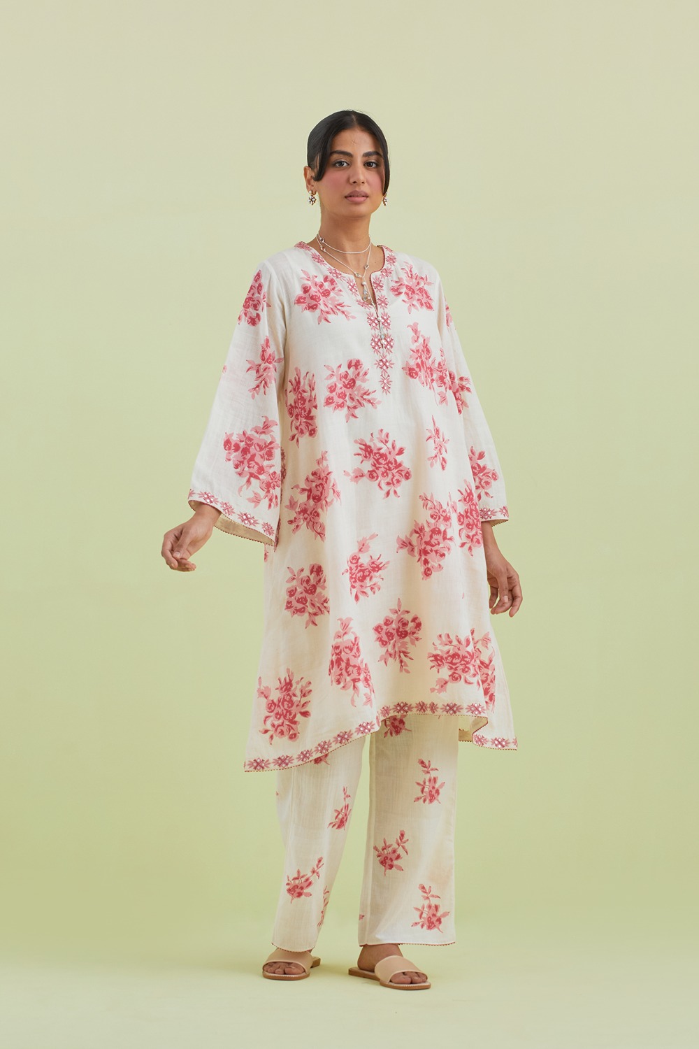 Pink And Off-White Cotton A-Line Short Kurta With Pant