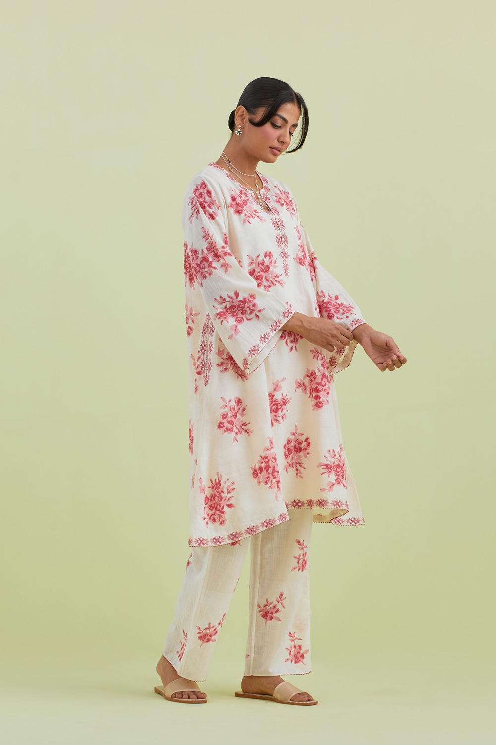 Pink And Off-White Cotton A-Line Short Kurta With Pant
