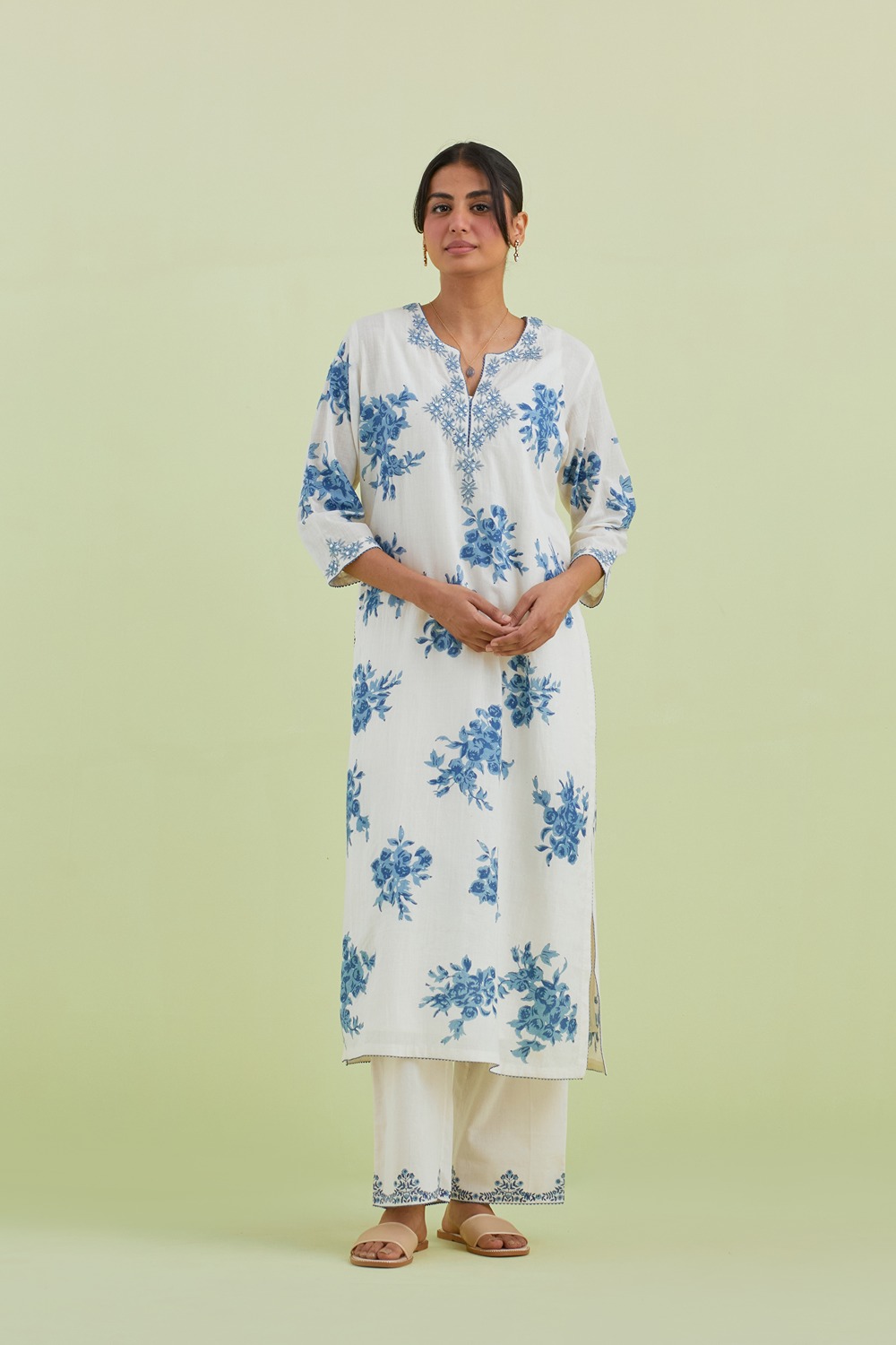 Blue And Off-White Cotton Straight Long Kurta With Pant