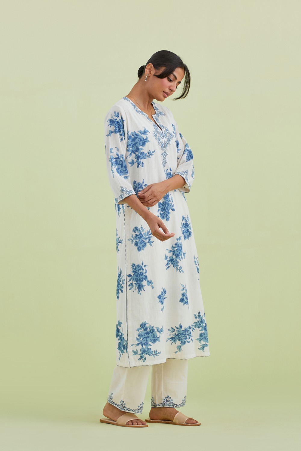 Blue And Off-White Cotton Straight Long Kurta With Pant