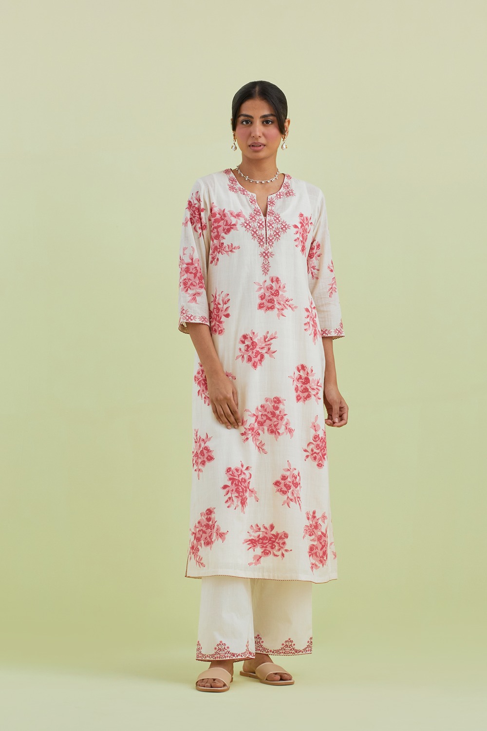 Pink And Off-White Cotton Straight Long Kurta With Pant