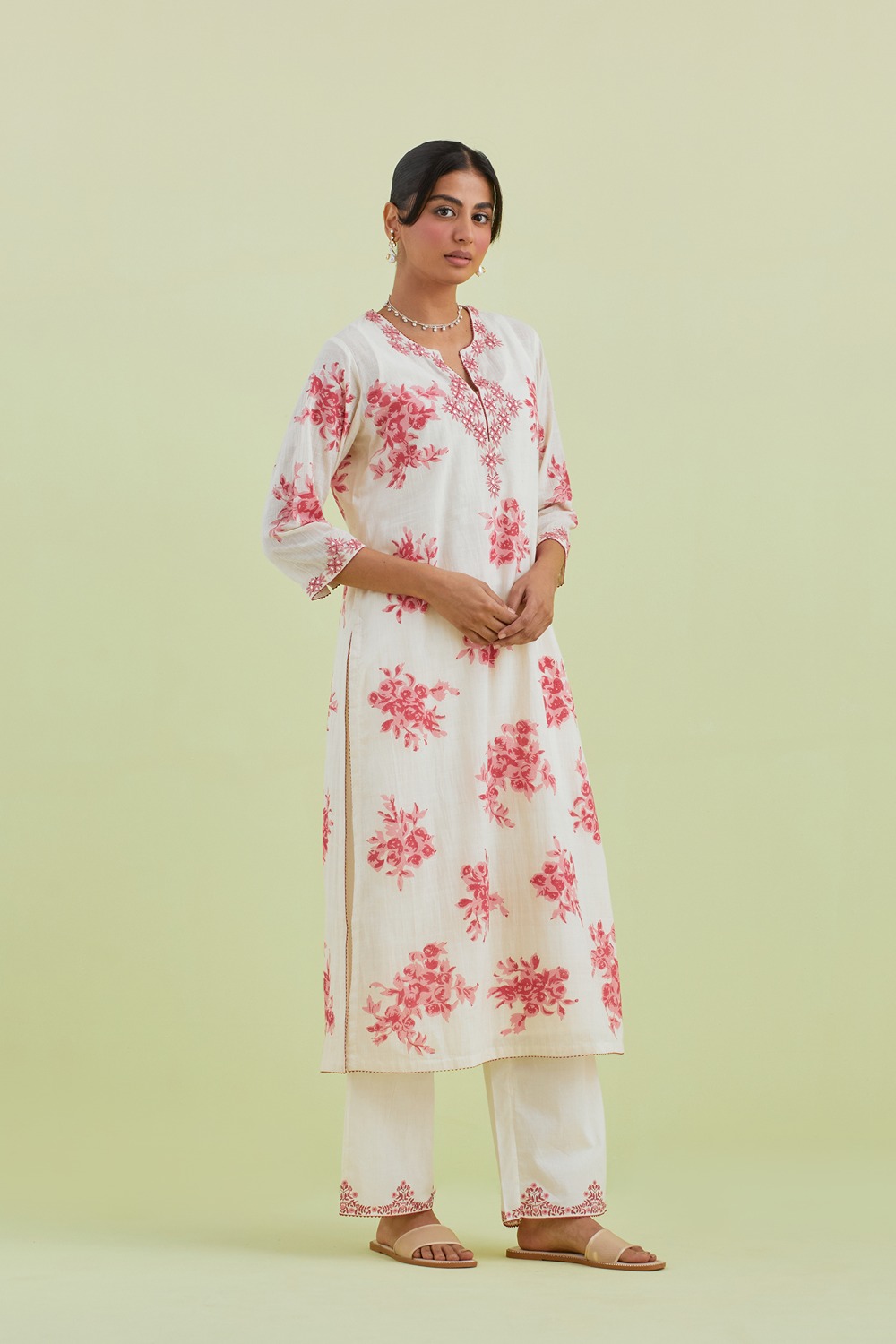 Pink And Off-White Cotton Straight Long Kurta With Pant
