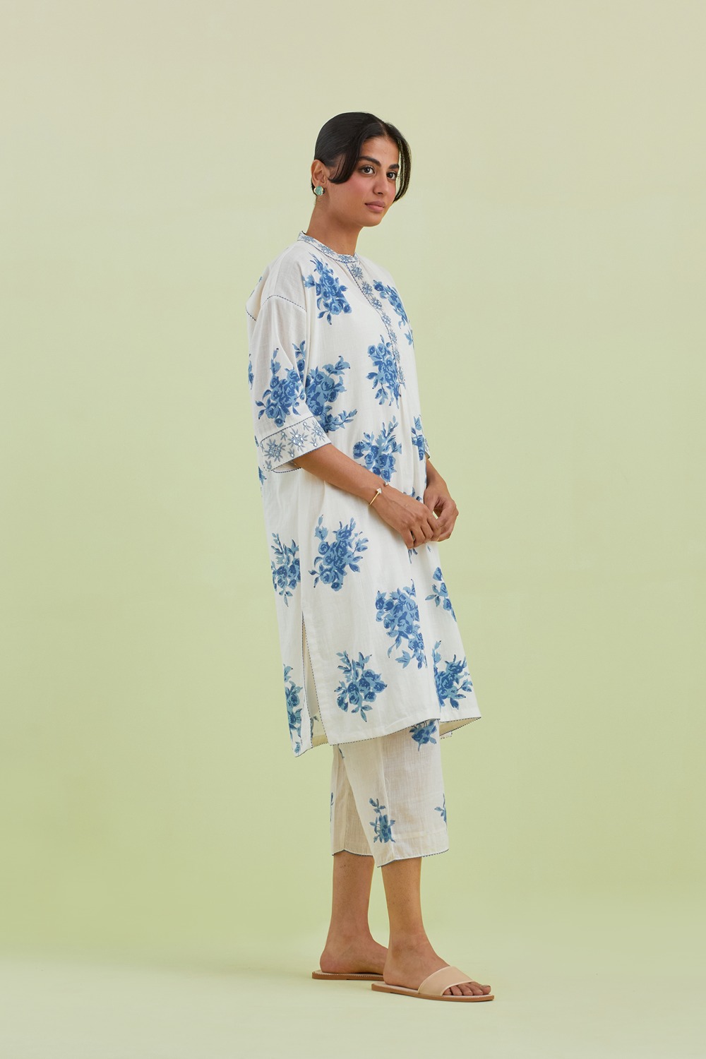 Blue And Off-White Cotton Easy Fit Short Kurta With Pant