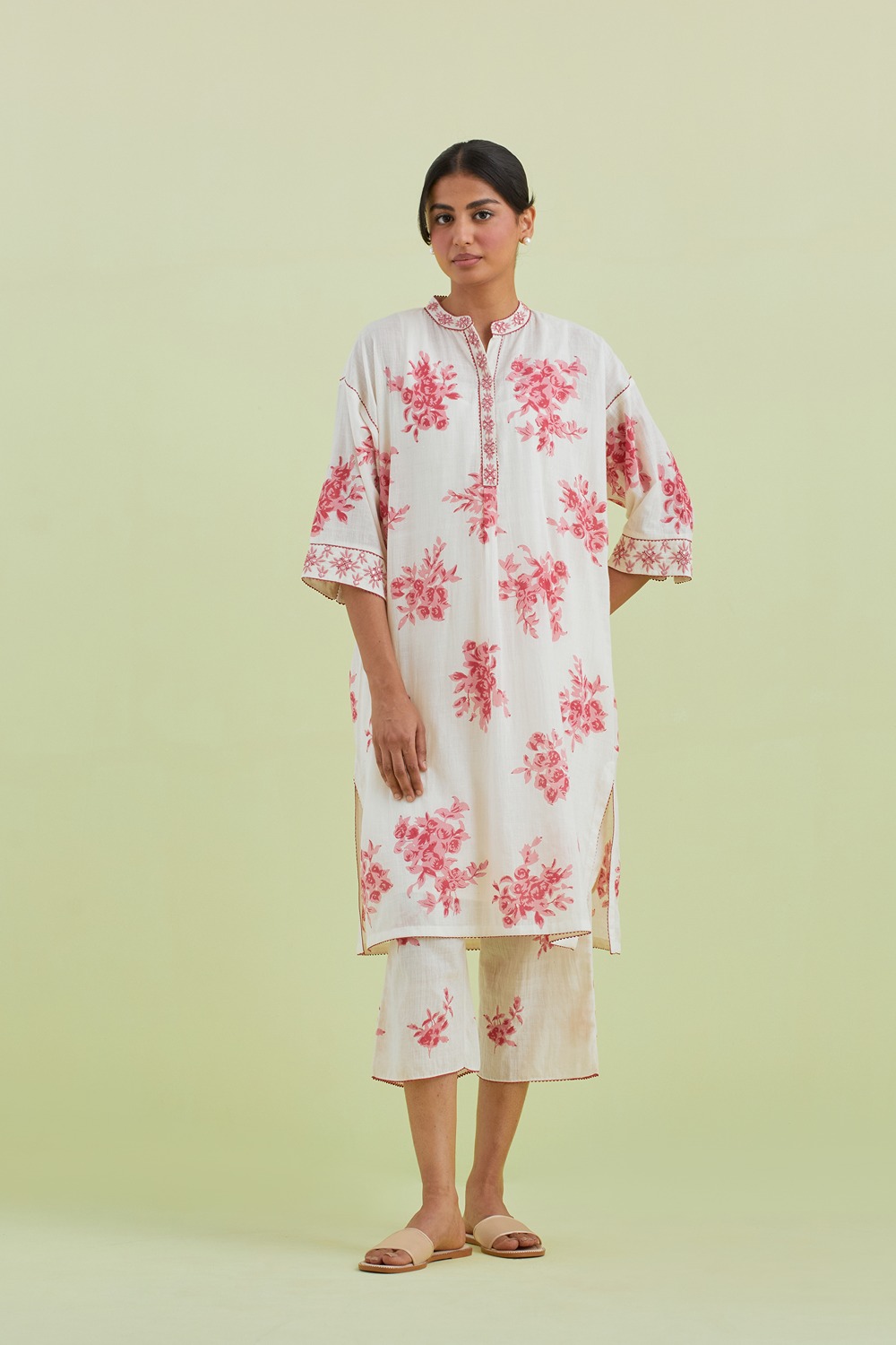Pink And Off-White Cotton Easy Fit Short Kurta With Pant