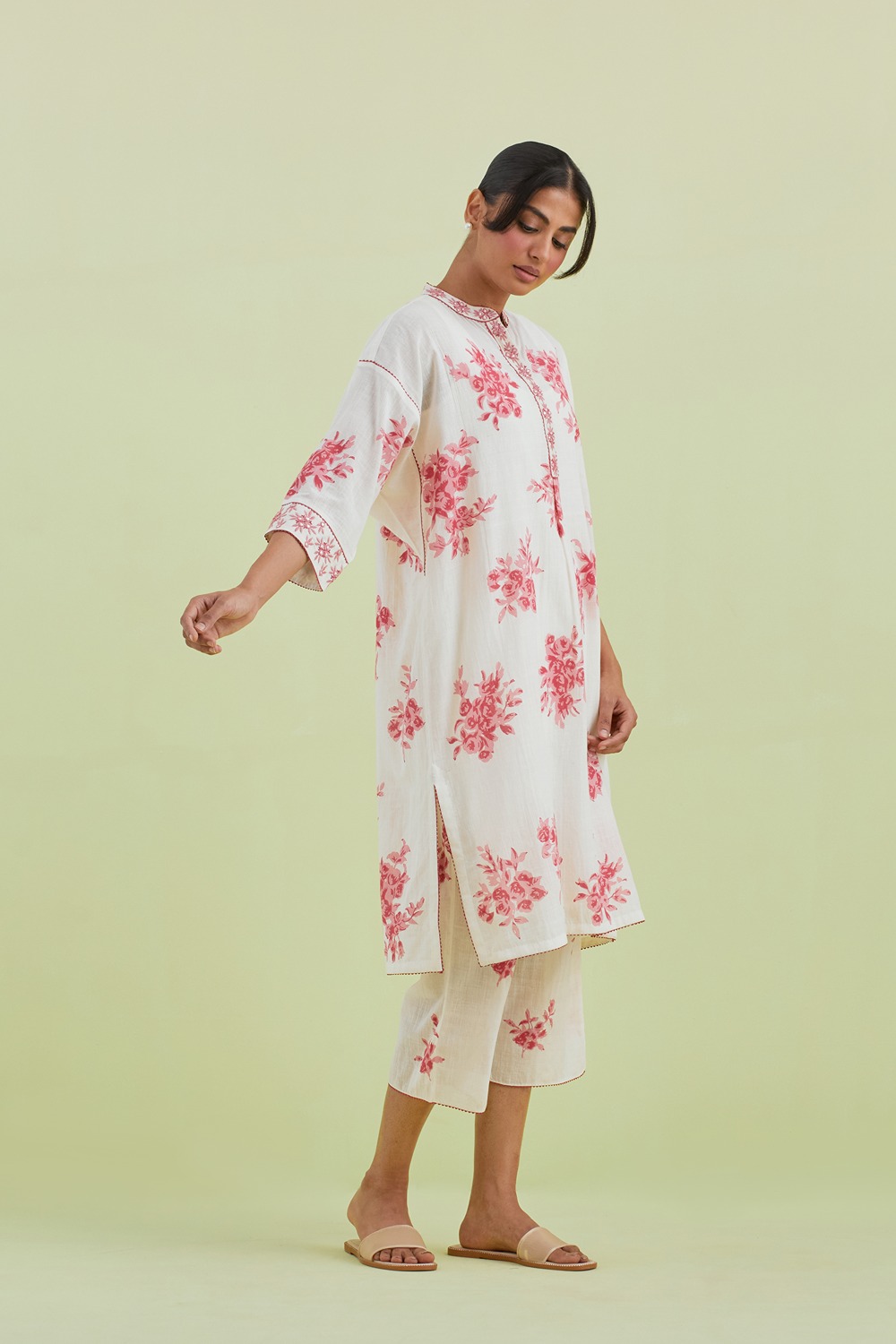 Pink And Off-White Cotton Easy Fit Short Kurta With Pant