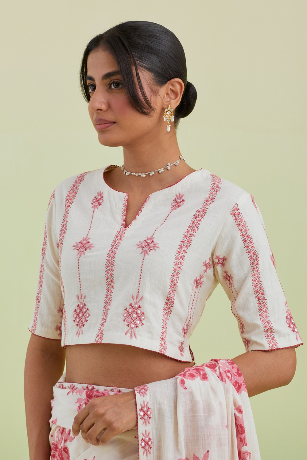 Pink & Off-White Handspun Handwoven Cotton Hand-Block Printed Saree Set