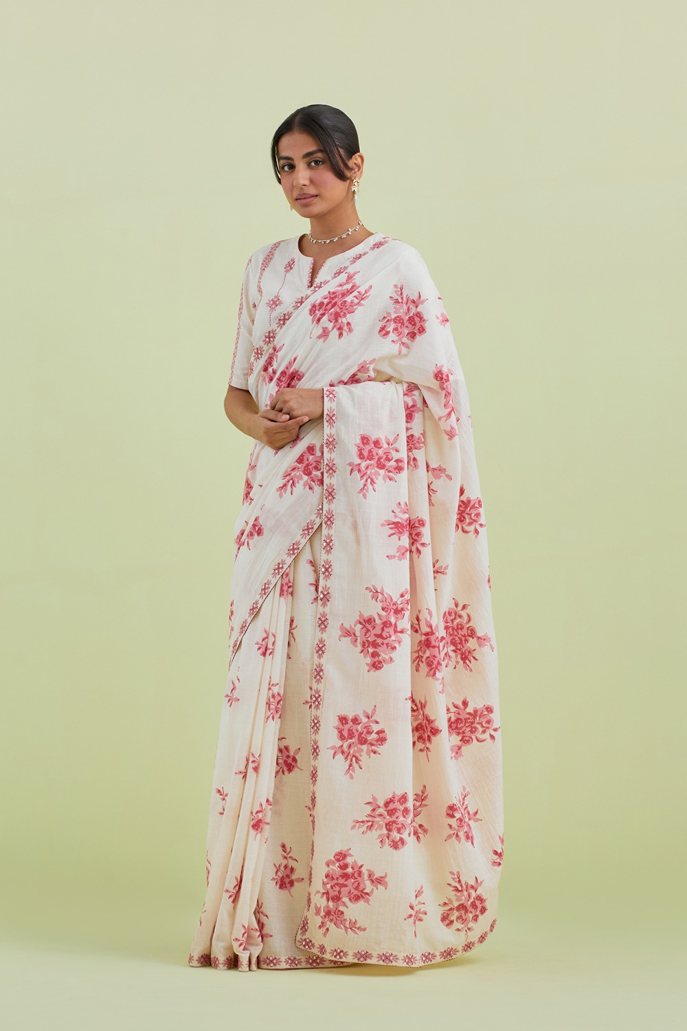 Pink & Off-White Handspun Handwoven Cotton Hand-Block Printed Saree