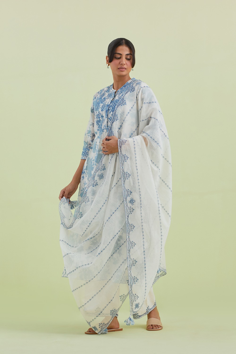 Blue & Off-White Cotton Chanderi Hand-Block Printed Dupatta