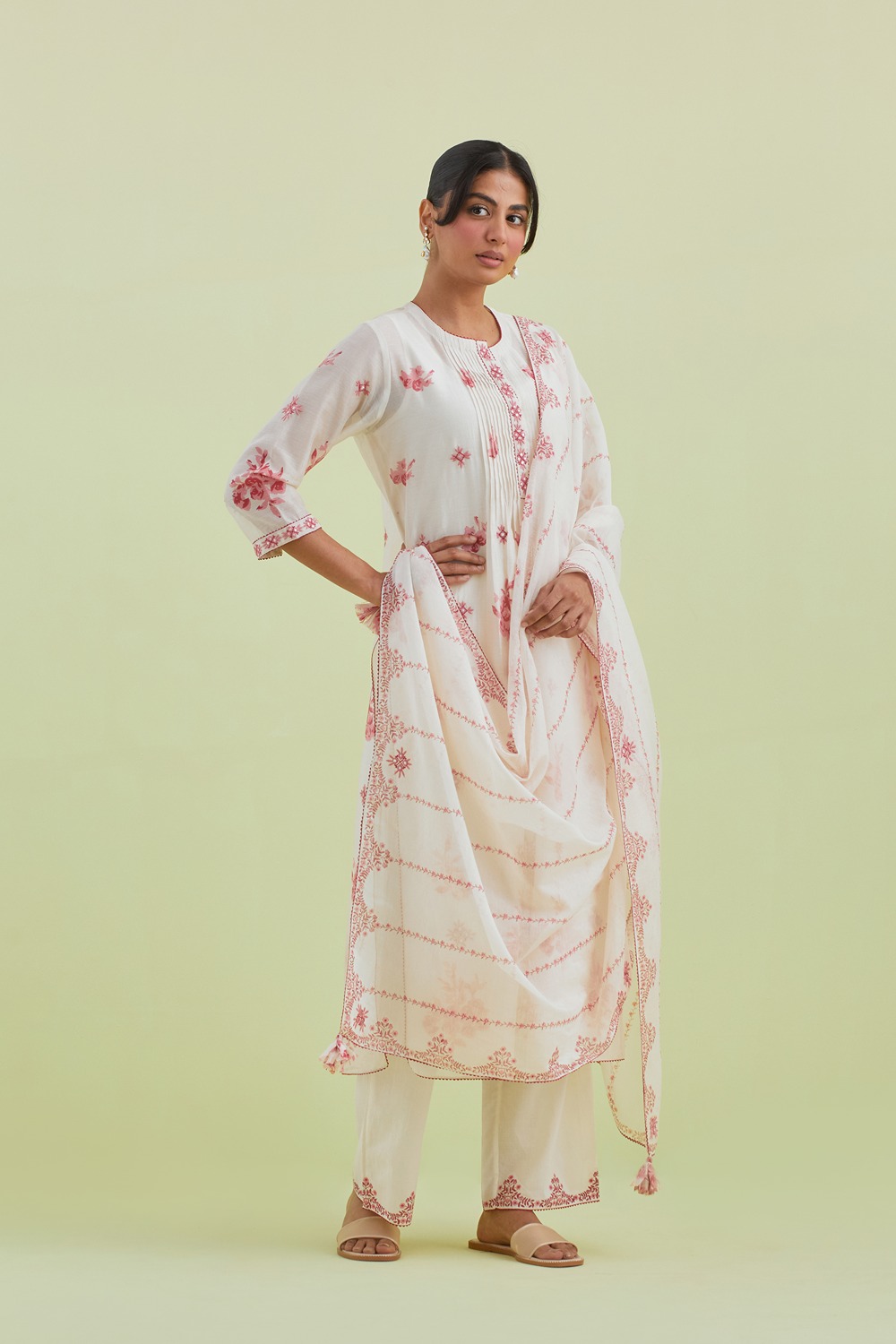 Pink & Off-White Cotton Chanderi Hand-Block Printed Dupatta