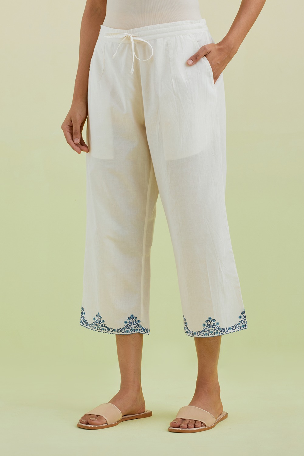 Off White Straight Ankle Length Pants With Blue Colored Hand-Block Printed Border At Hem