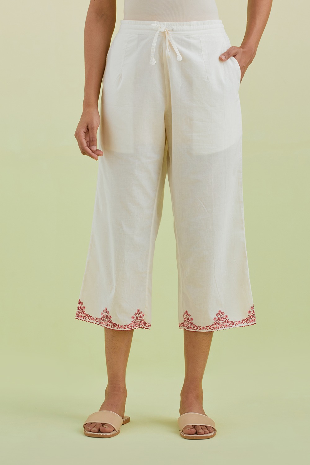 Off White Straight Ankle Length Pants With Pink Colored Hand-Block Printed Border At Hem