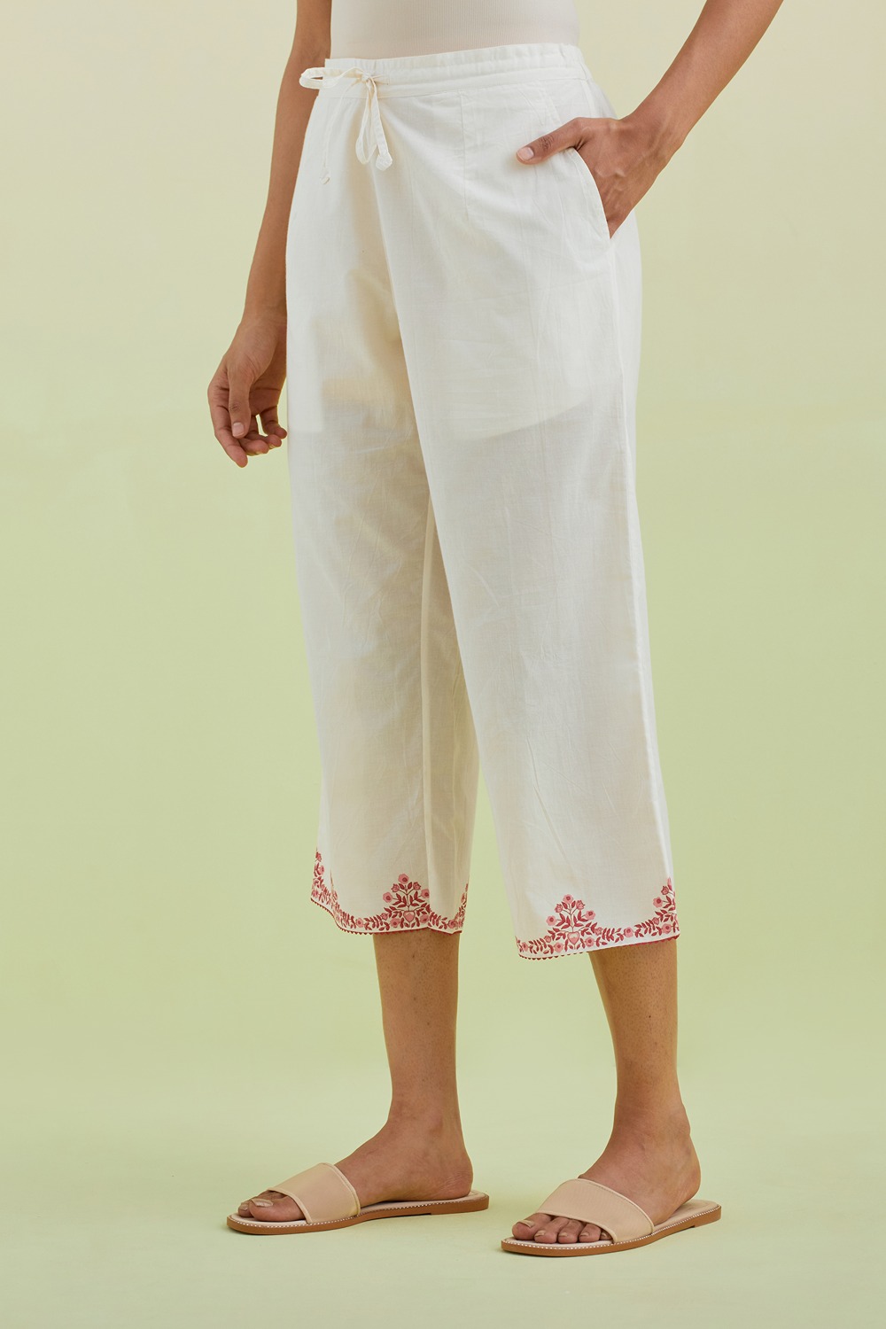 Off White Straight Ankle Length Pants With Pink Colored Hand-Block Printed Border At Hem