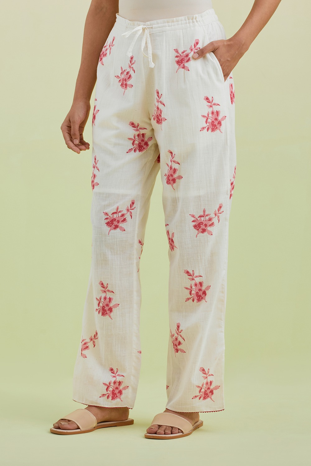 Off White Straight Pants With All-Over Pink Colored Floral Boota Hand-Block Print