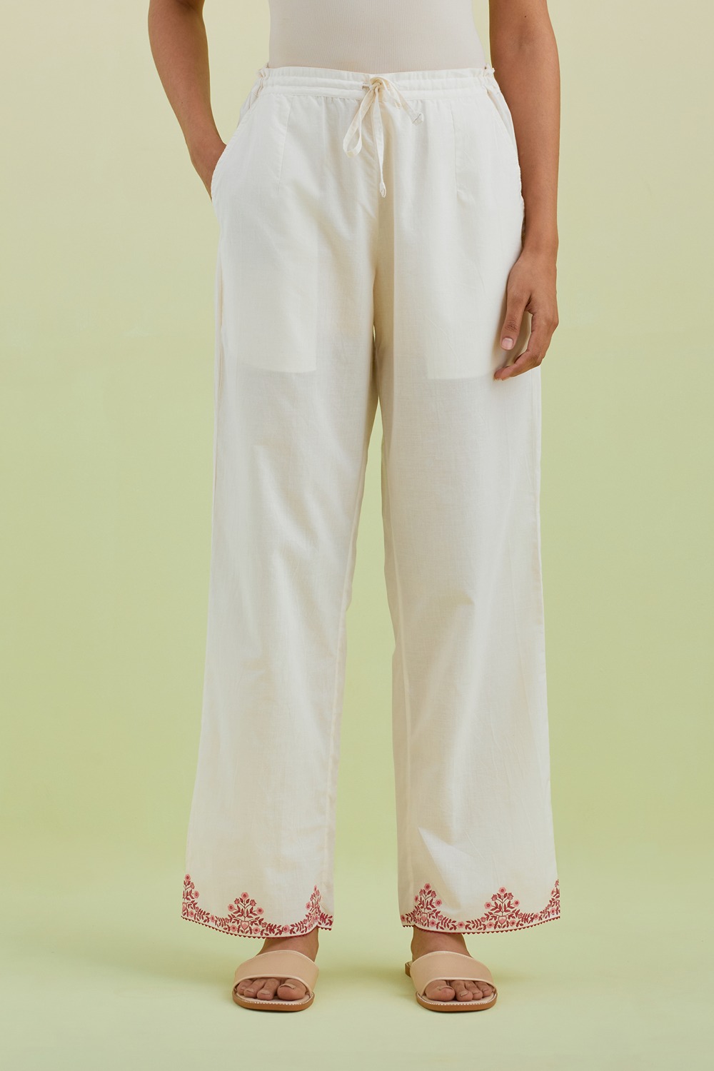 Off White Straight Pants With Pink Colored Hand-Block Printed Border At Hem