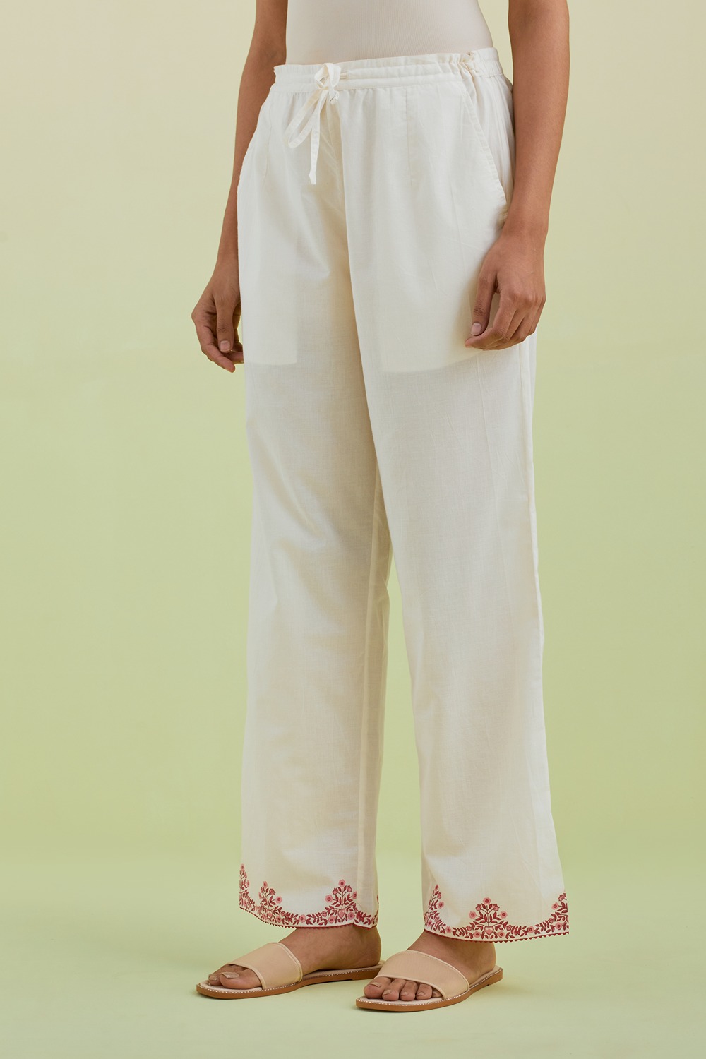 Off White Straight Pants With Pink Colored Hand-Block Printed Border At Hem