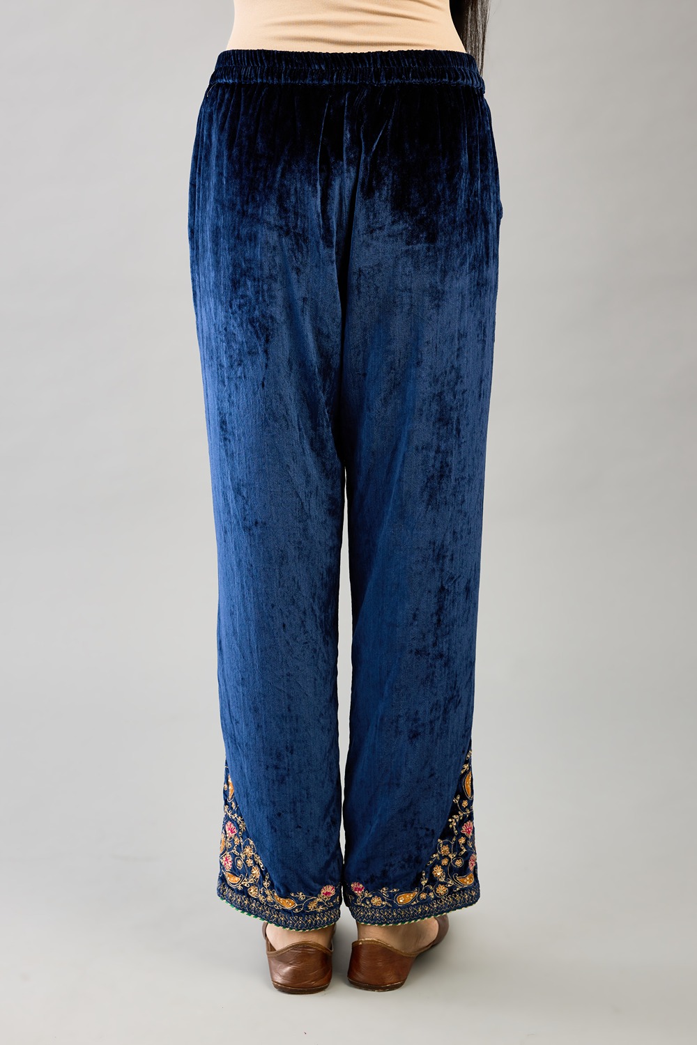 Blue silk velvet straight pants 
