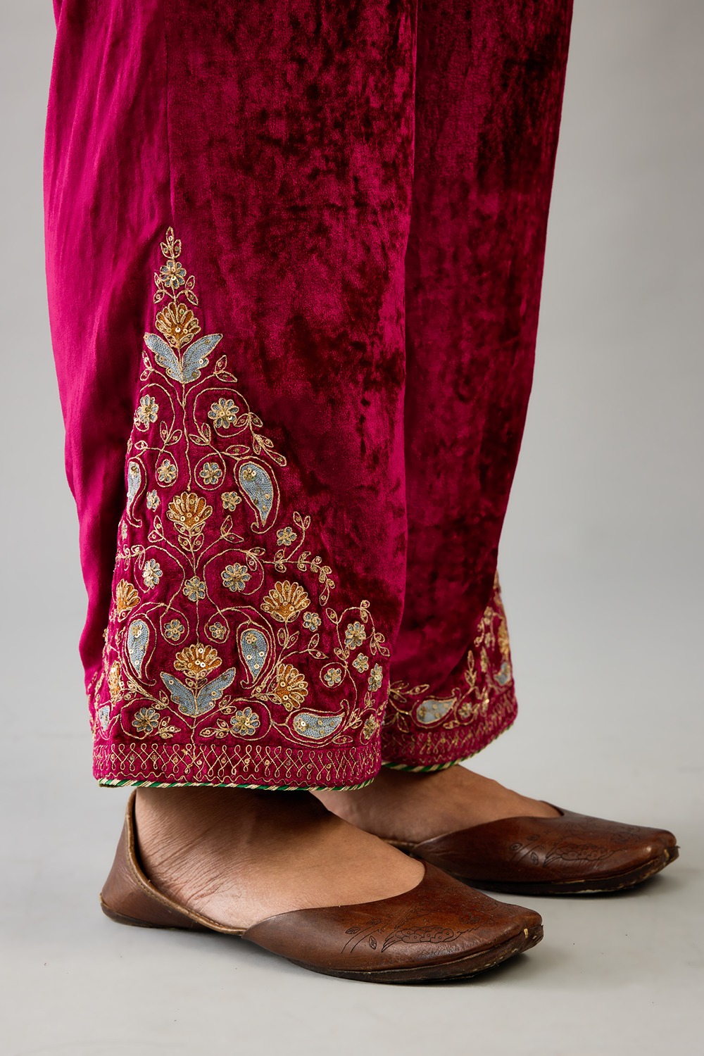 Fuchsia silk velvet straight pants