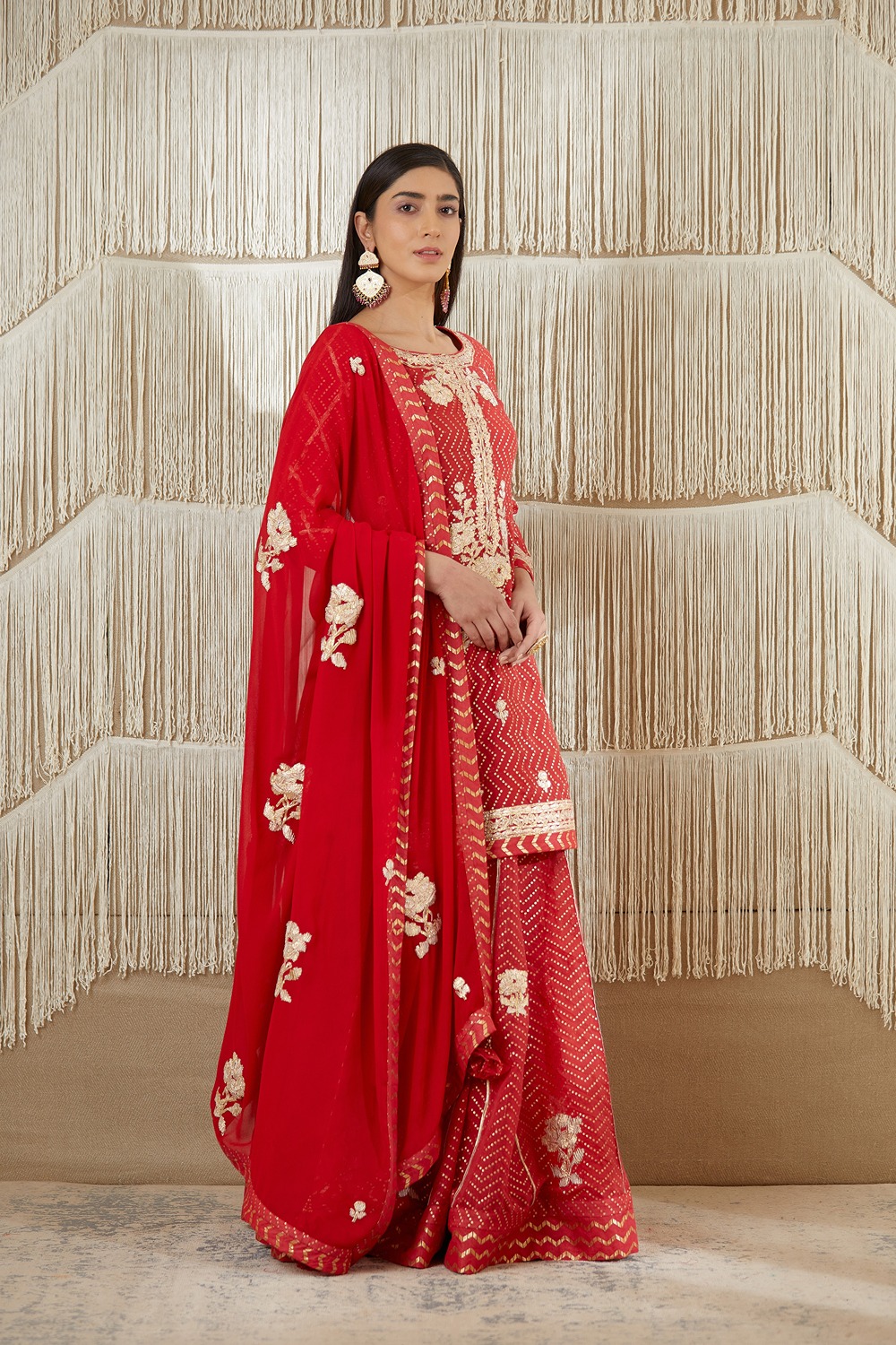 Red Gota Embroidered Sharara Set