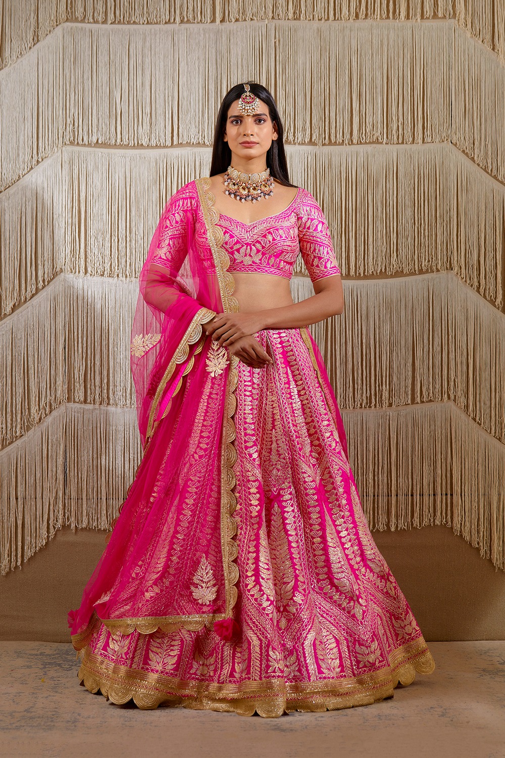 Pink Silk Embroidered Lehenga Set by Shyam Narayan Prasad