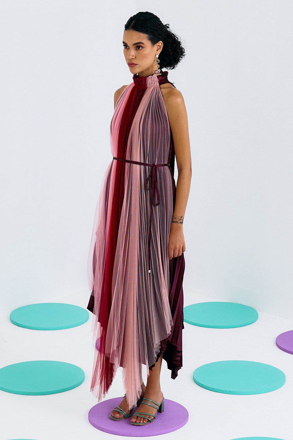 Multicolored Softnet Crepe Pleated Dress