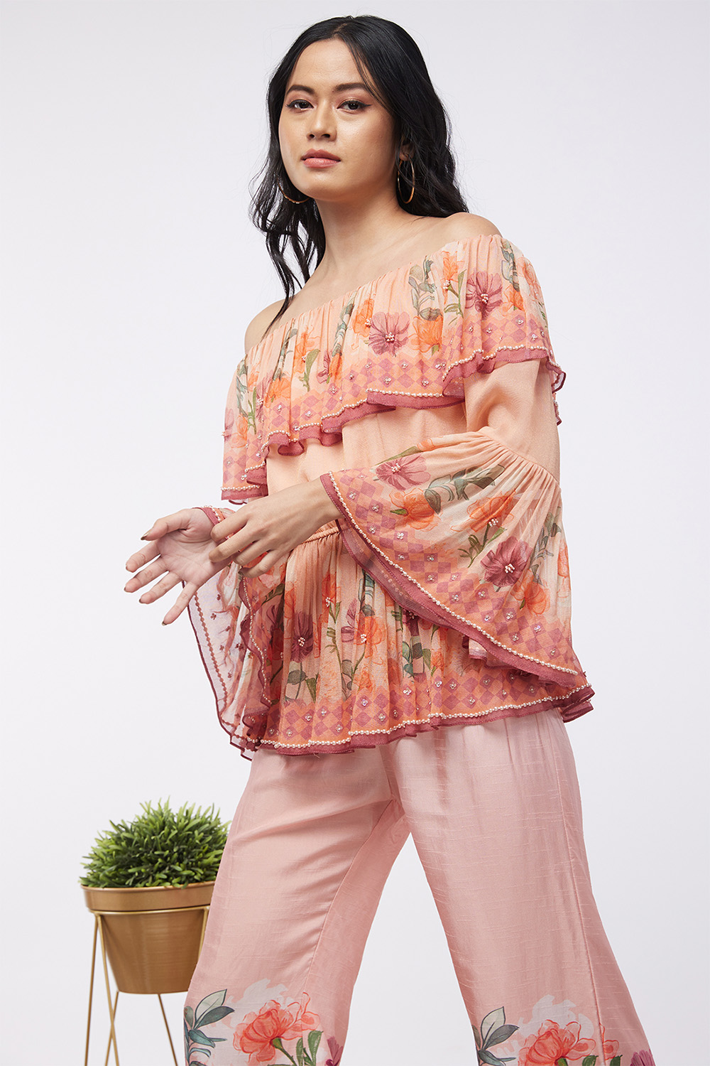 Blooming Bud Printed Off-Shoulder Embroidered Top 