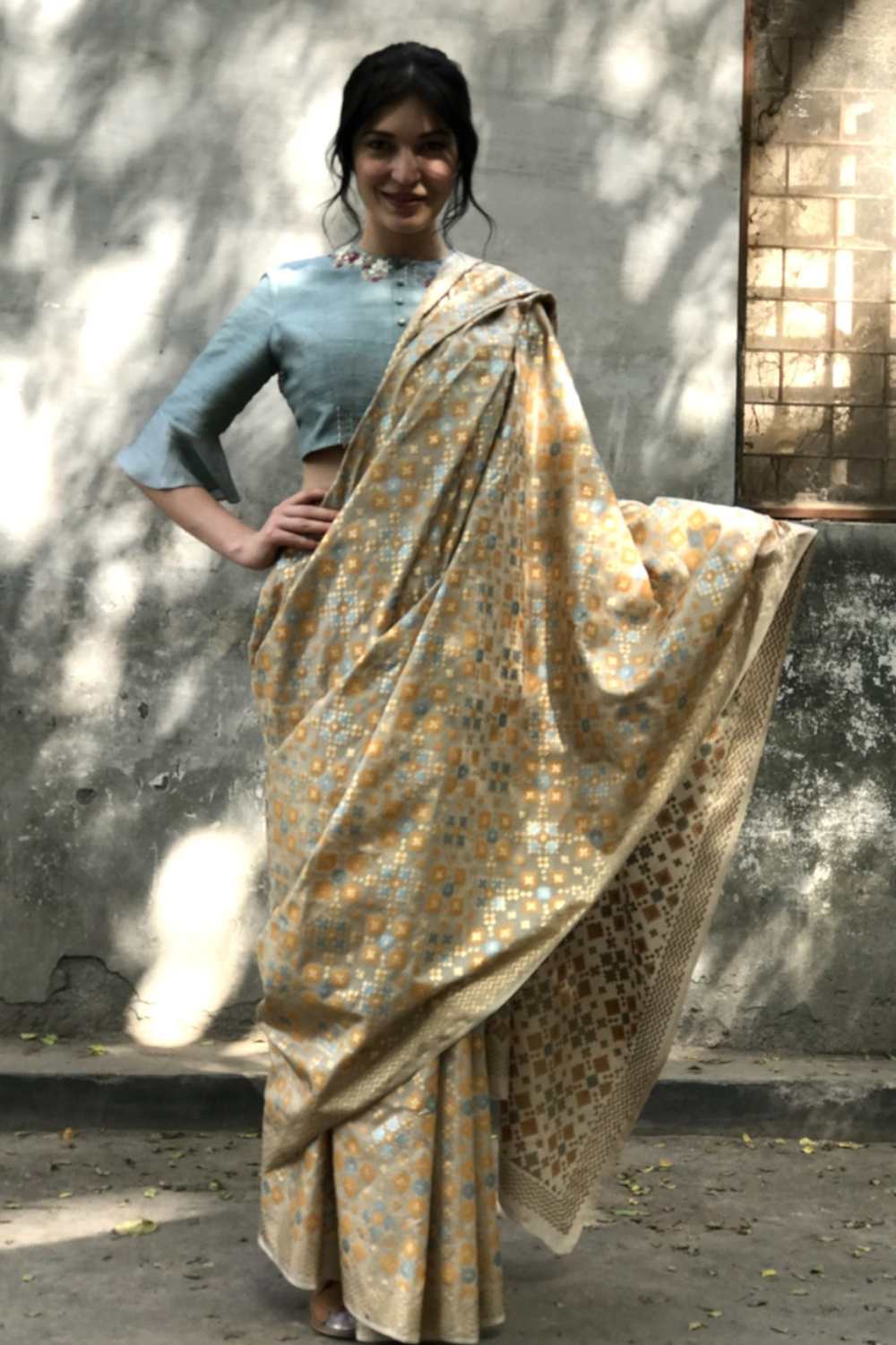 Beige Mint Ikat Printed Silk Saree Set