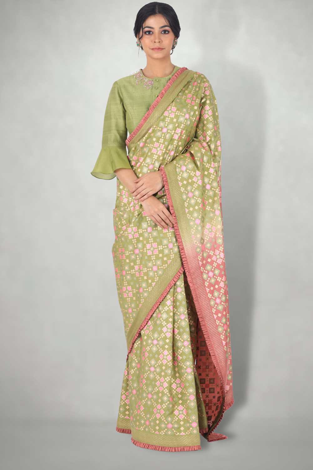 Green Pink Ombre  Ikat Printed Silk Saree Set