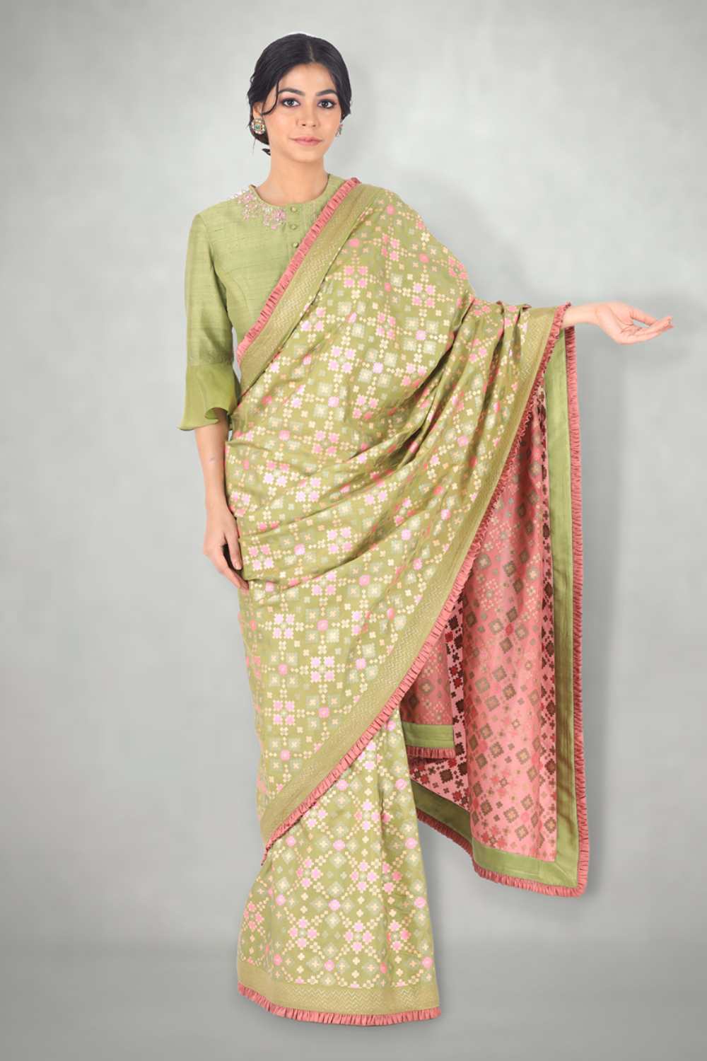 Green Pink Ombre  Ikat Printed Silk Saree Set