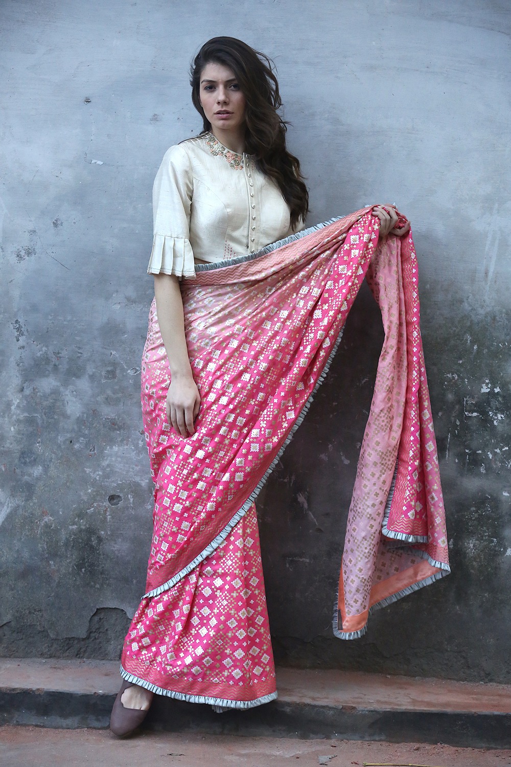 Pink Peach Ombre Ikat Printed Silk Saree Set 