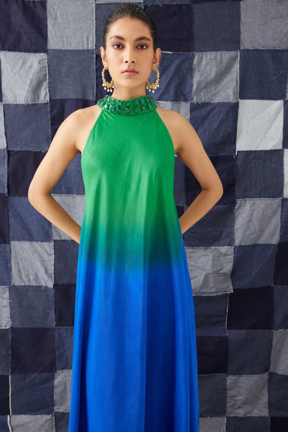 Leheriya Halter Dress Blue/ Green