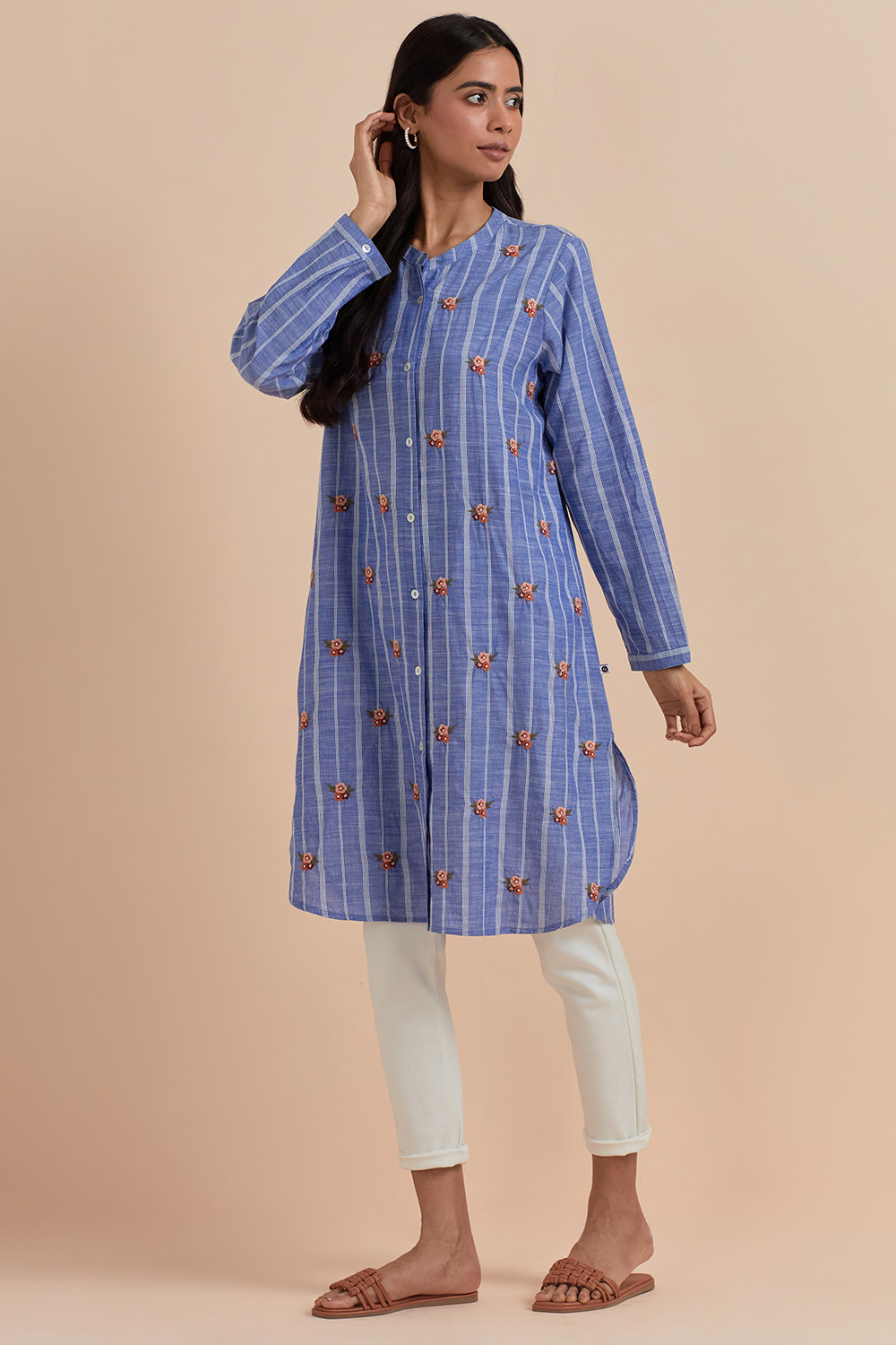 Blue Stripe Embroidered Long Tunic