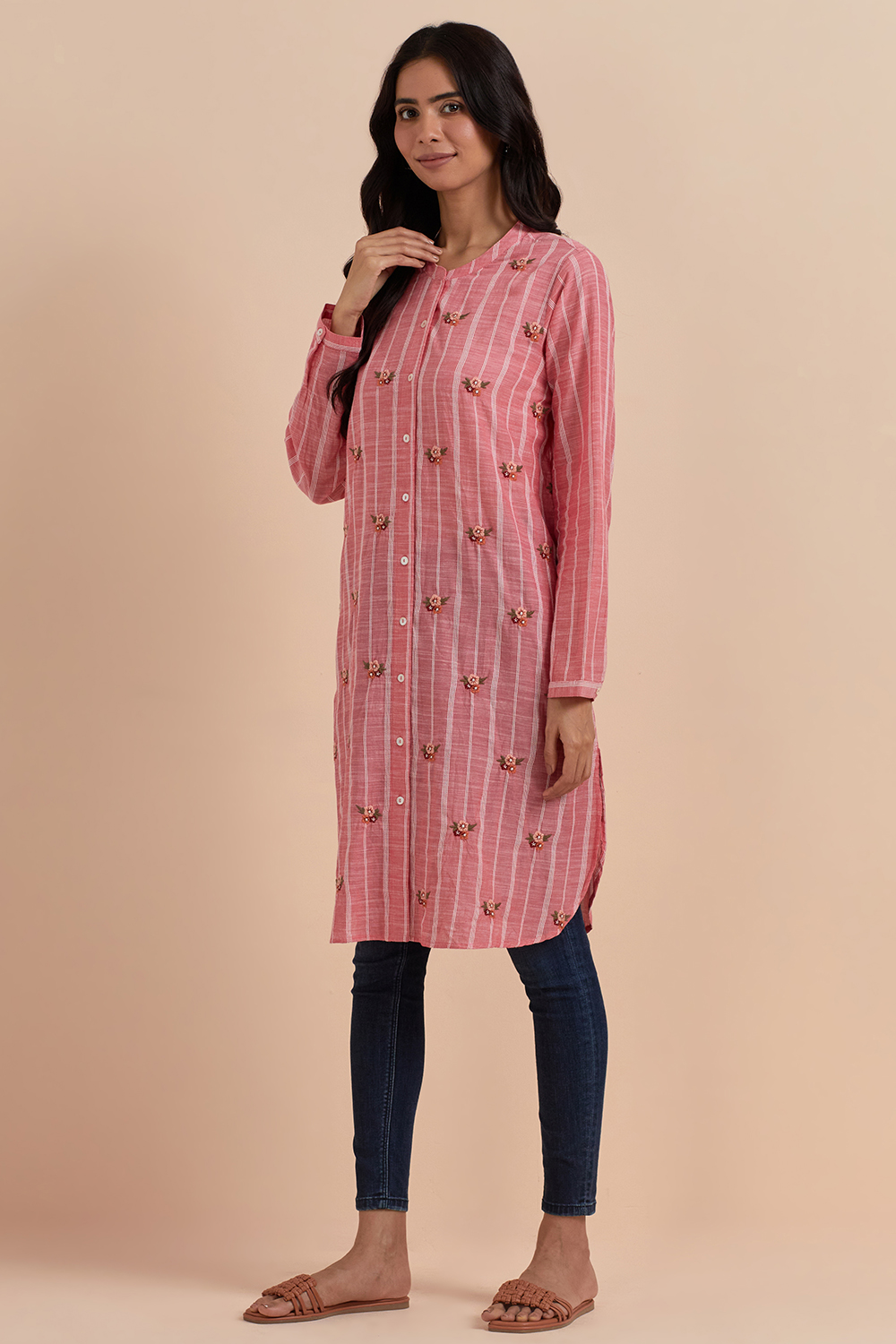 Pink Stripe Embroidered Long Tunic
