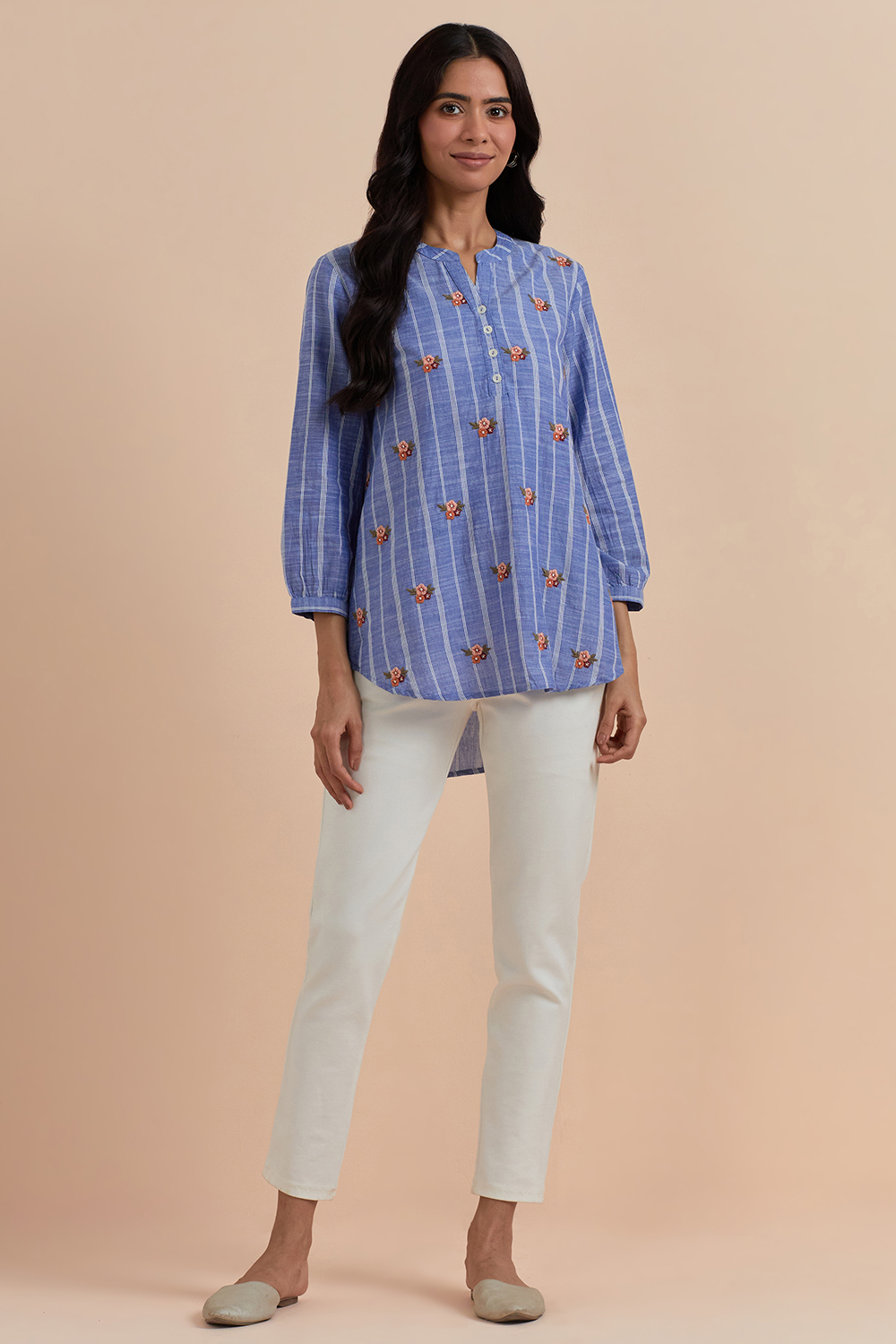 Blue Stripe Cotton Embroidered Top
