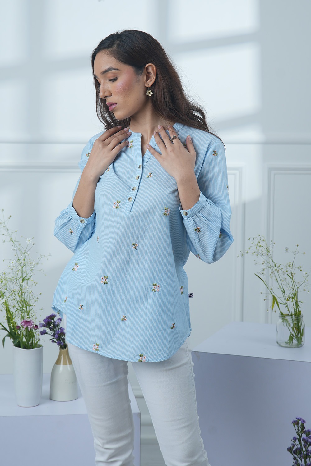 Blue Floral Motif Embroidered Striped Top