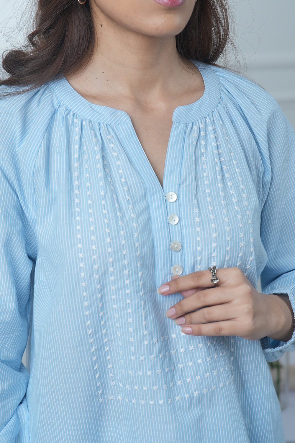 Blue Gathered Neck Striped Top