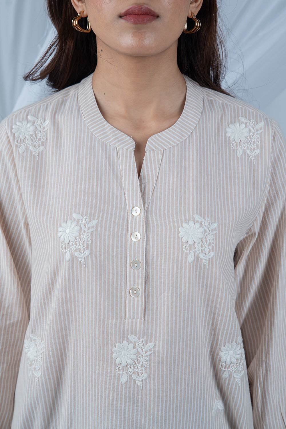 Beige Floral Embroidered Striped Top