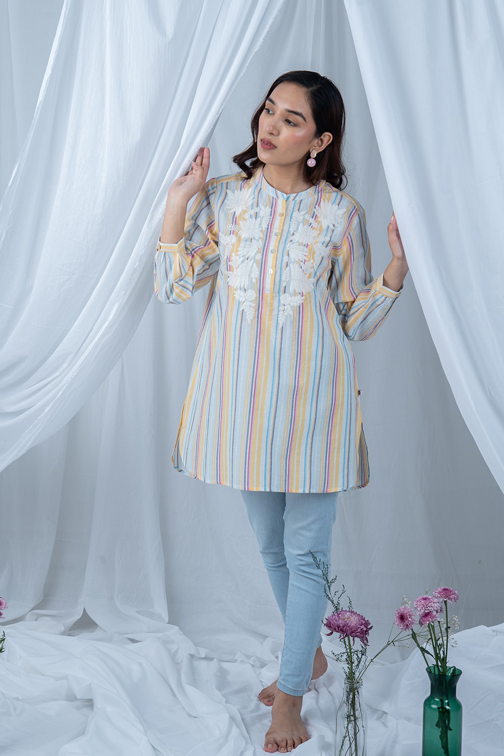 Yellow Embroidered Striped Tunic