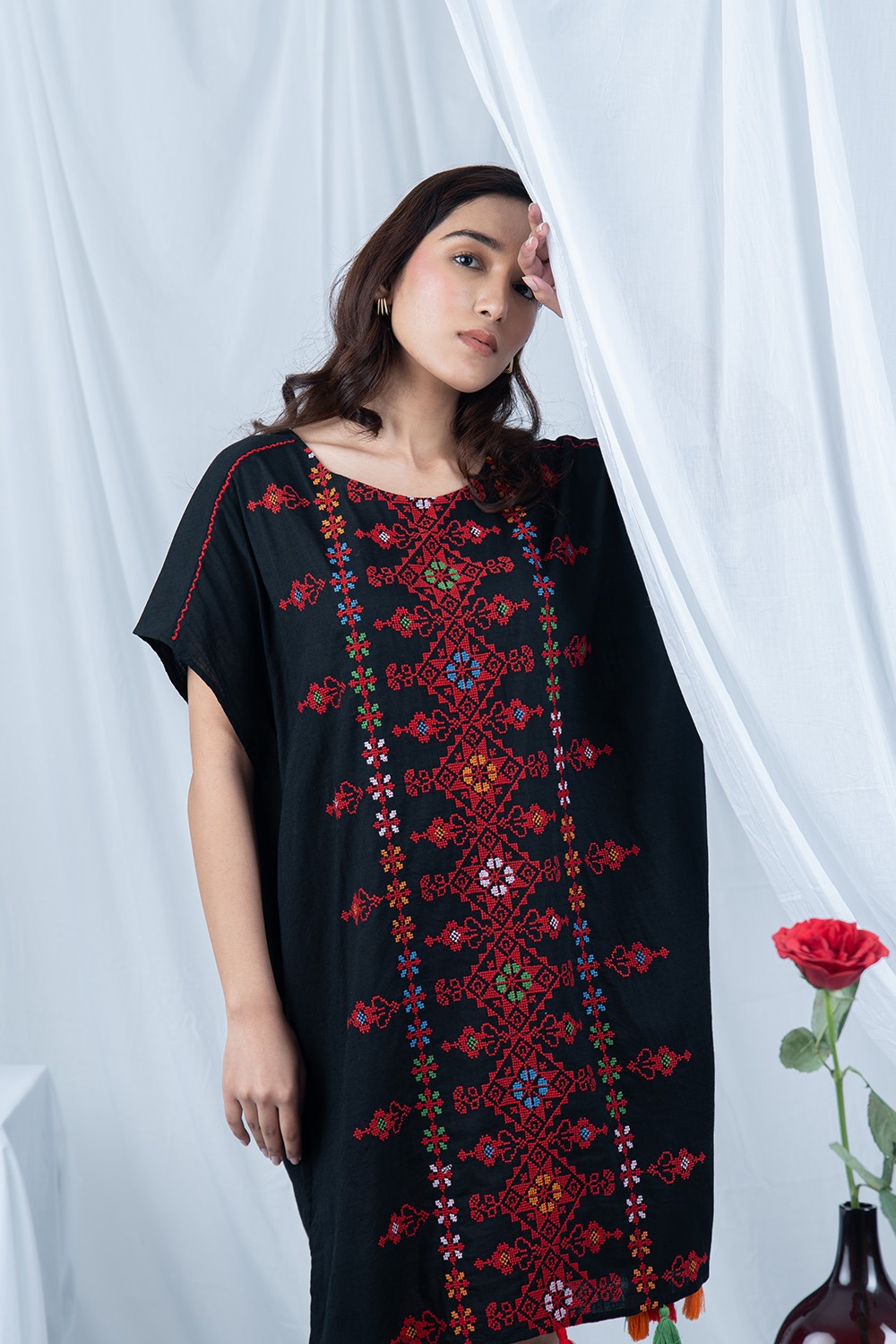 Black Embroidered Short Kaftan Dress