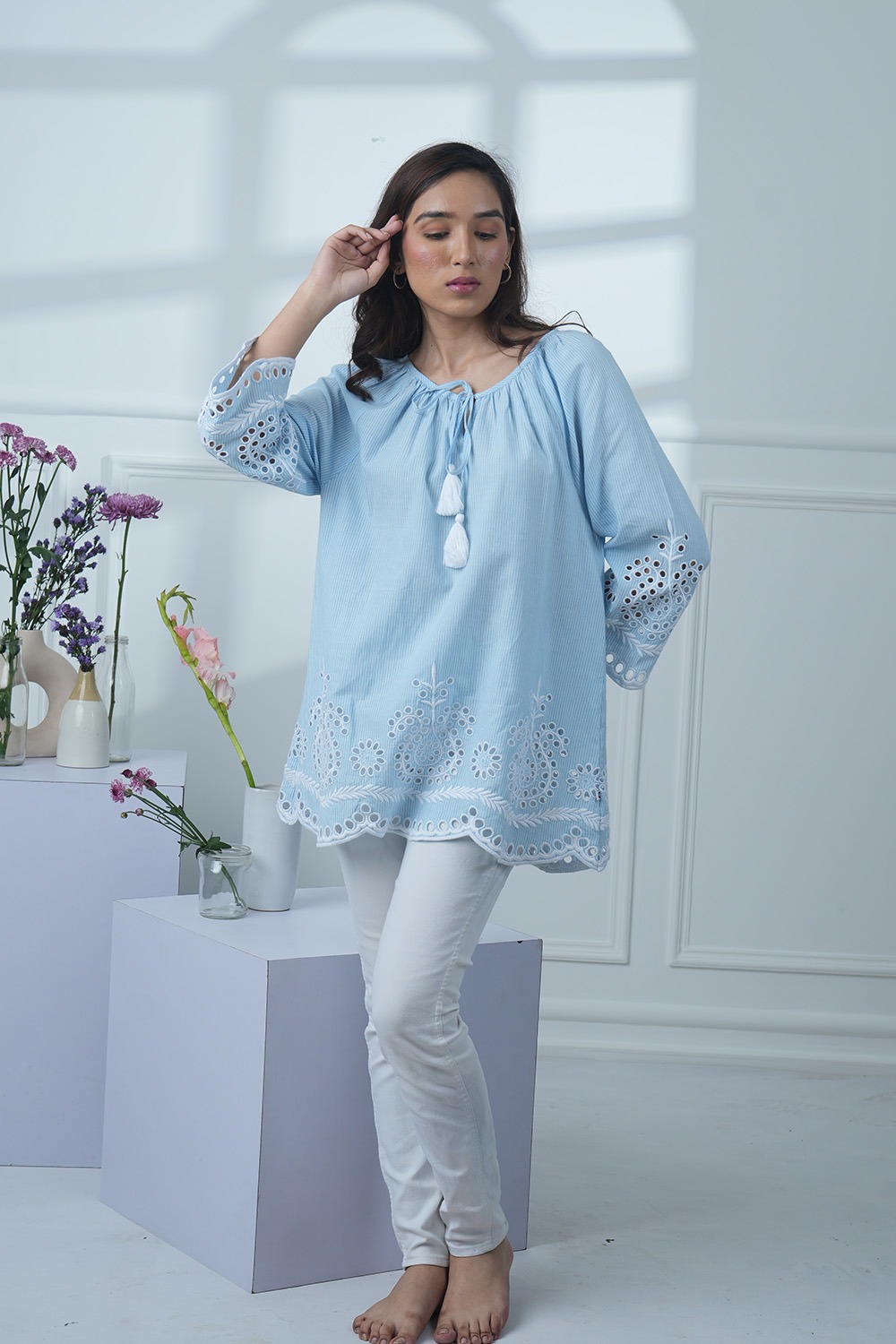 Blue Scalloped Embroidered Top