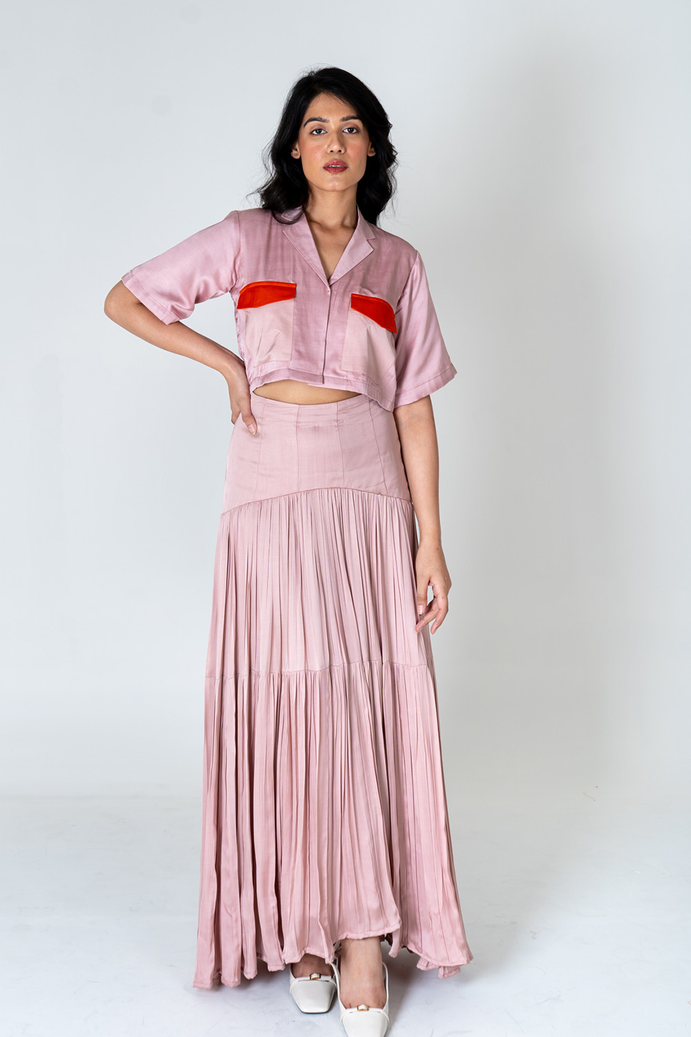Pink-Orange Color-Blocked Maxi Skirt Set