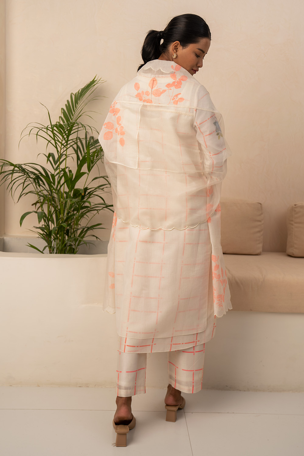 Ivory And Pink Checks Double Layer Tunic And Pant With Dupatta