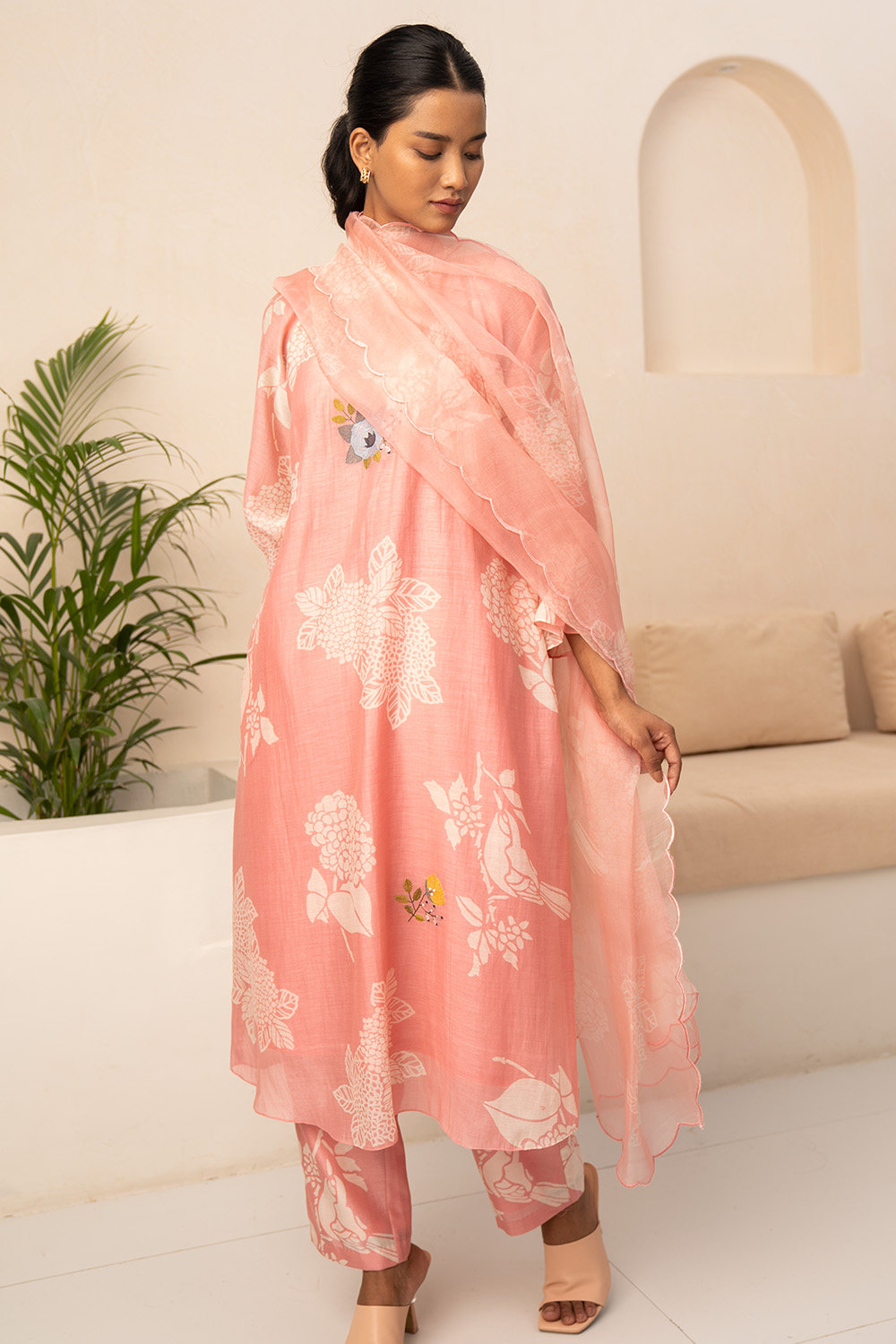 Pink Floral Printed Tunic  And Pant With Dupatta