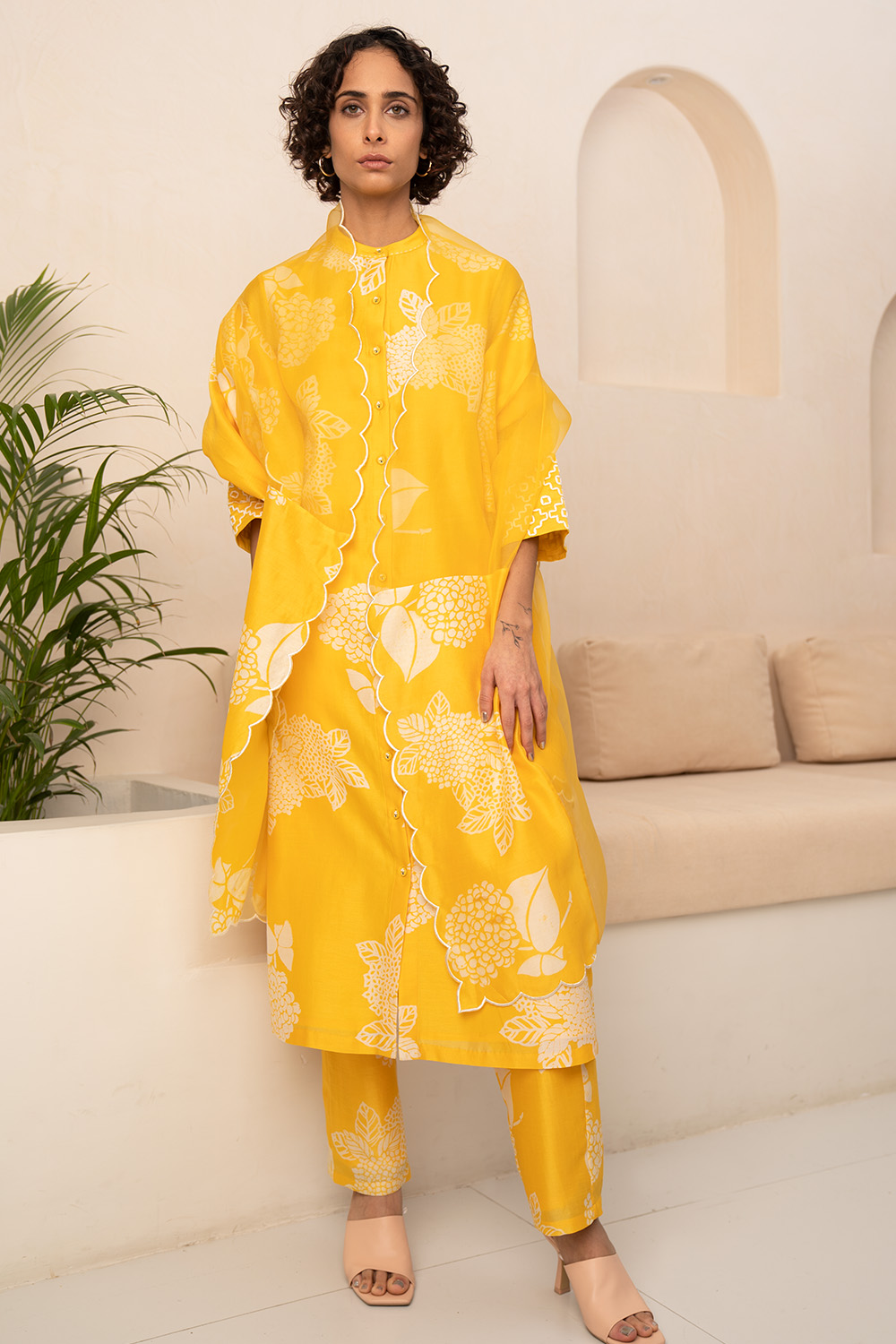 Yellow Floral Printed Tunic And Pant