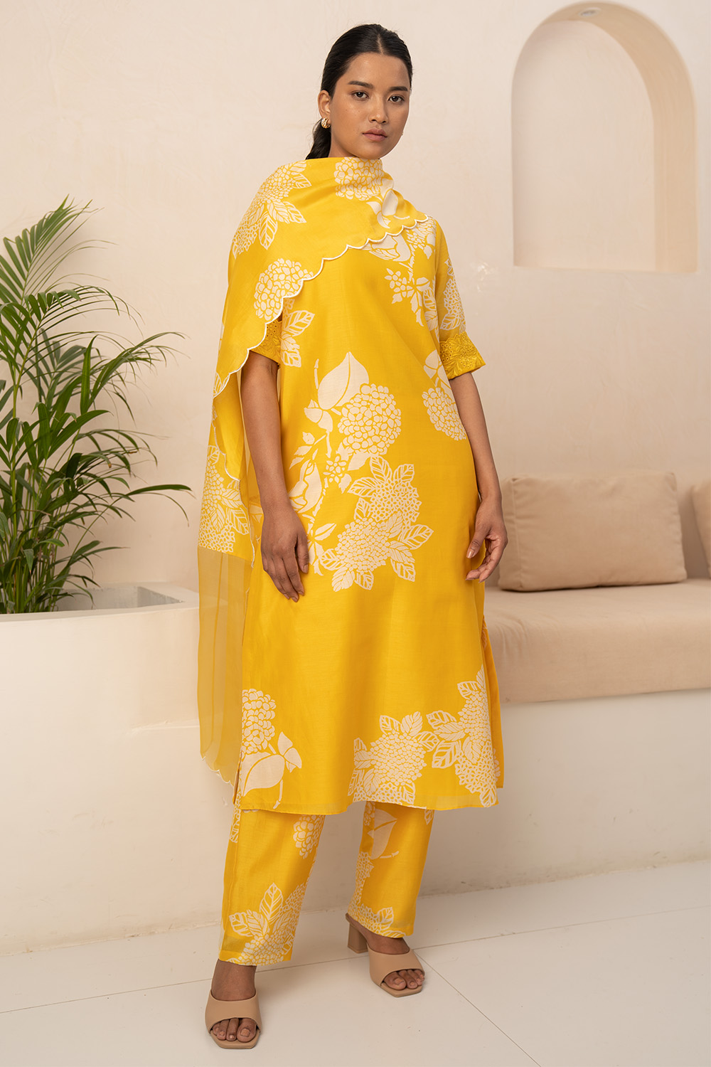 Yellow Floral Printed Tunic With Schiffli Sleeves And Pant