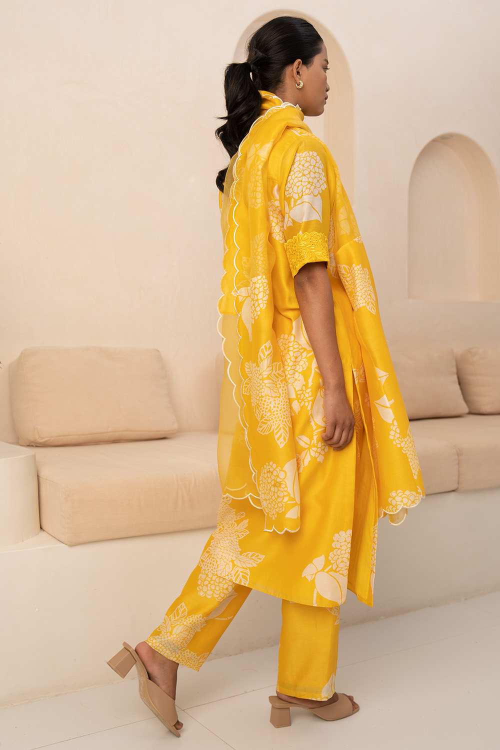 Yellow Floral Printed Tunic With Schiffli Sleeves And Pant With Dupatta