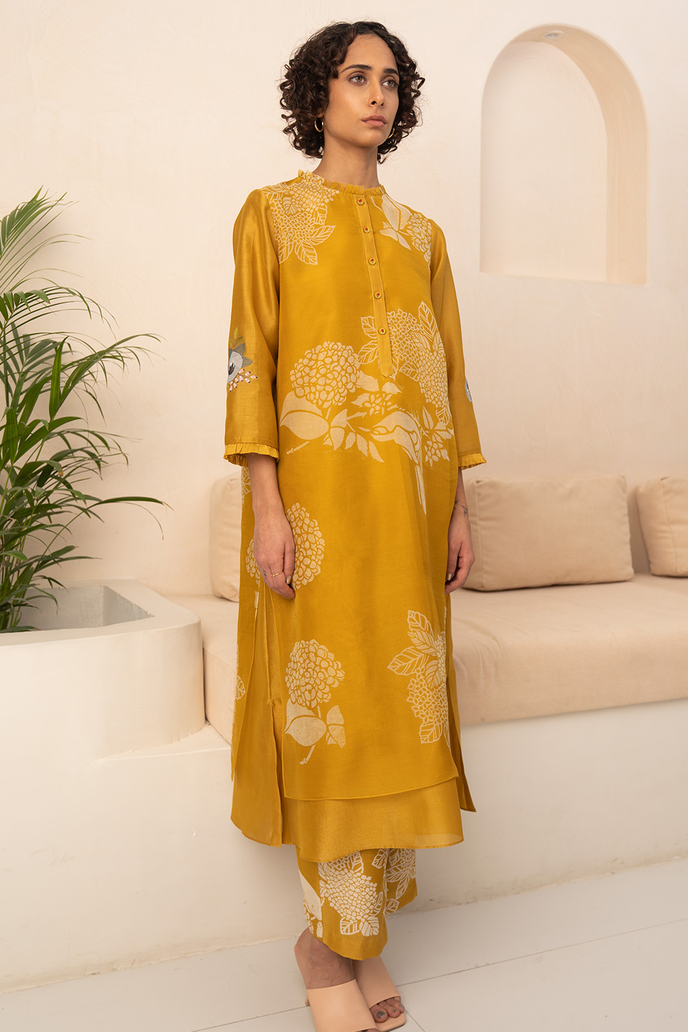 Ochre Floral Double Layered Tunic And Pant 