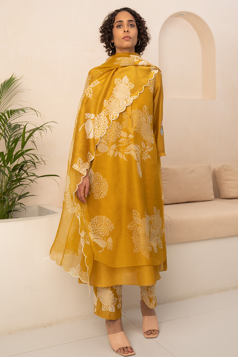 Ochre Floral Double Layered Tunic And Pant With Dupatta 