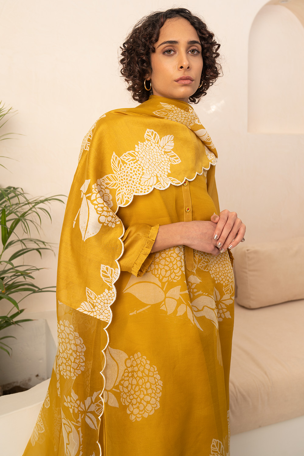 Ochre Floral Double Layered Tunic And Pant With Dupatta 