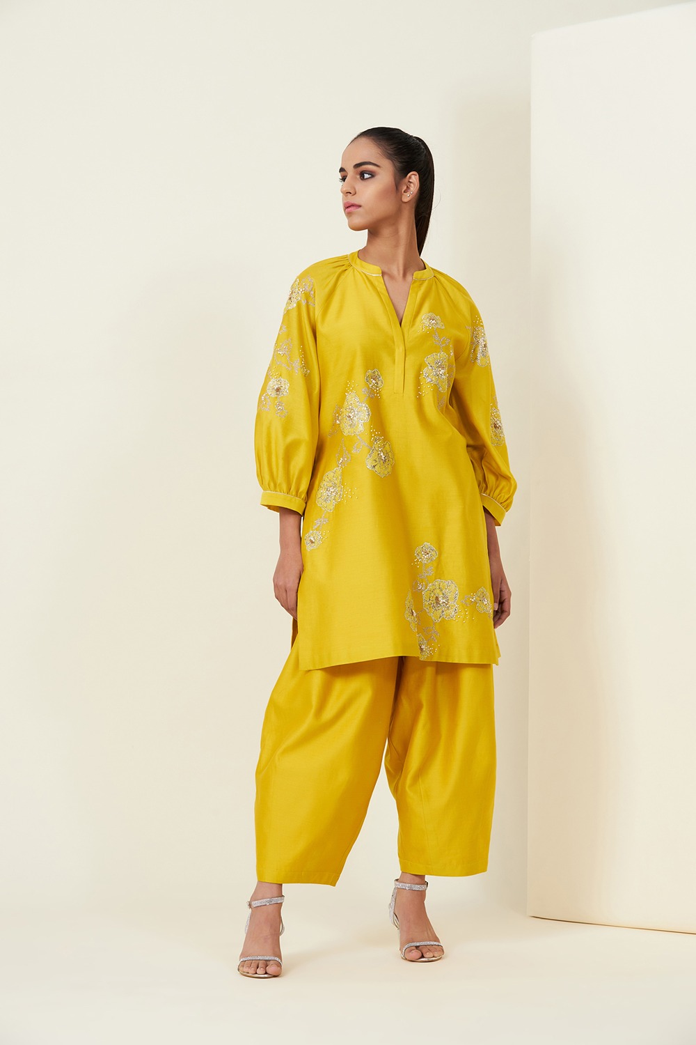 Yellow Hand Embroidered Tunic Set