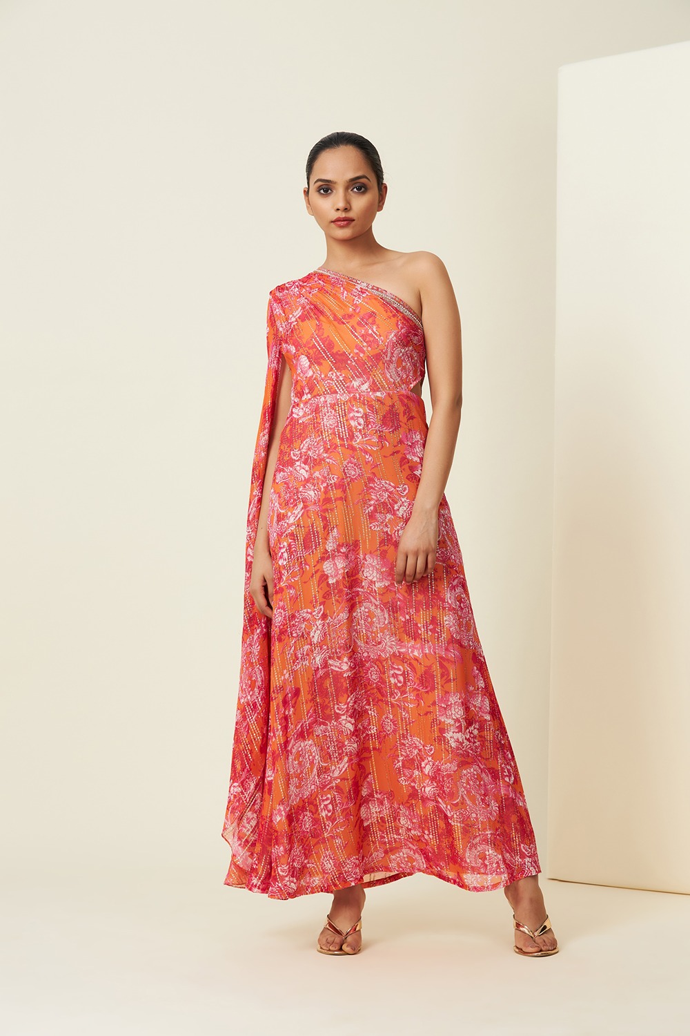 Saffron Off Shoulder Saree Gown